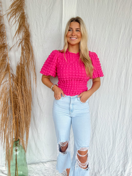 Textured Pink Puff Sleeve Top