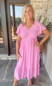 Pink Smocked Ruffle Sleeve Midi Dress