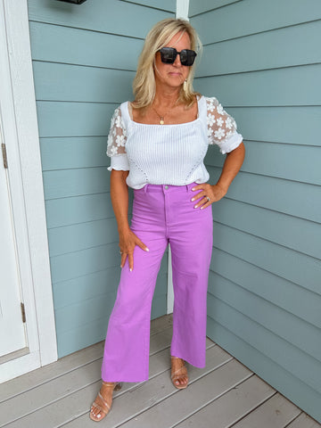 High Rise Lavender Wide Leg Cropped Jeans