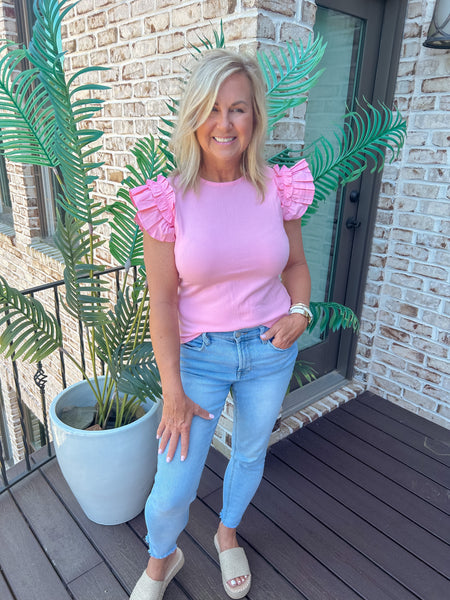 Cool Pink Contrast Shoulder Ruffle Knit Top