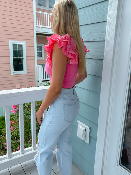 Doll Pink Flutter Sleeve Ribbed Crop Top