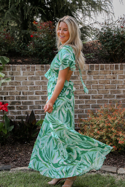 Off To The Island Green Leaf Open Back Maxi Dress