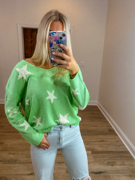 Green Star Knit Pearl Detail Sweater
